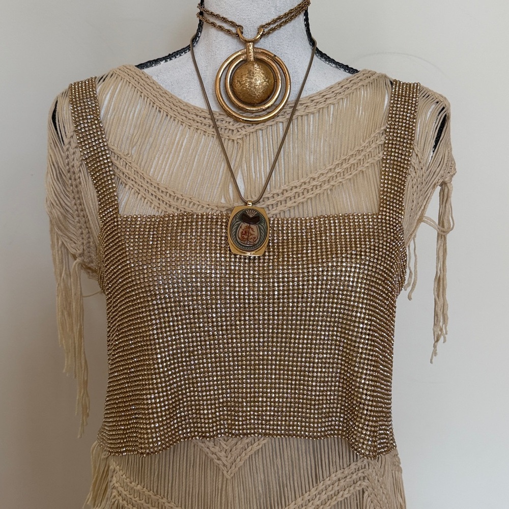 Crochet/mac Cream Fringe Sleeveless Dress/layering piece - Picture 11 of 11